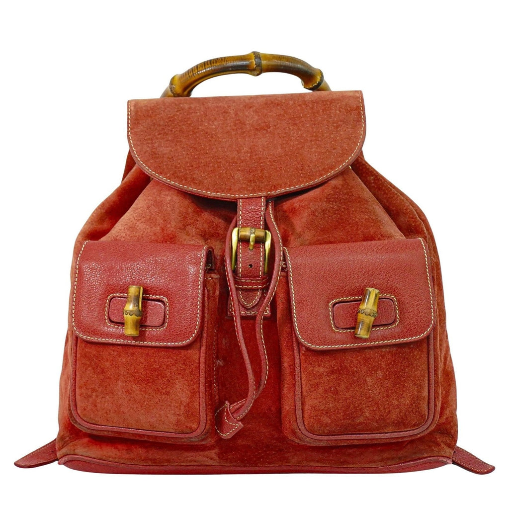 Gucci Vintage Bamboo Backpack Suede Pink Suede Backpack Bag (Authentic Pre-Loved)