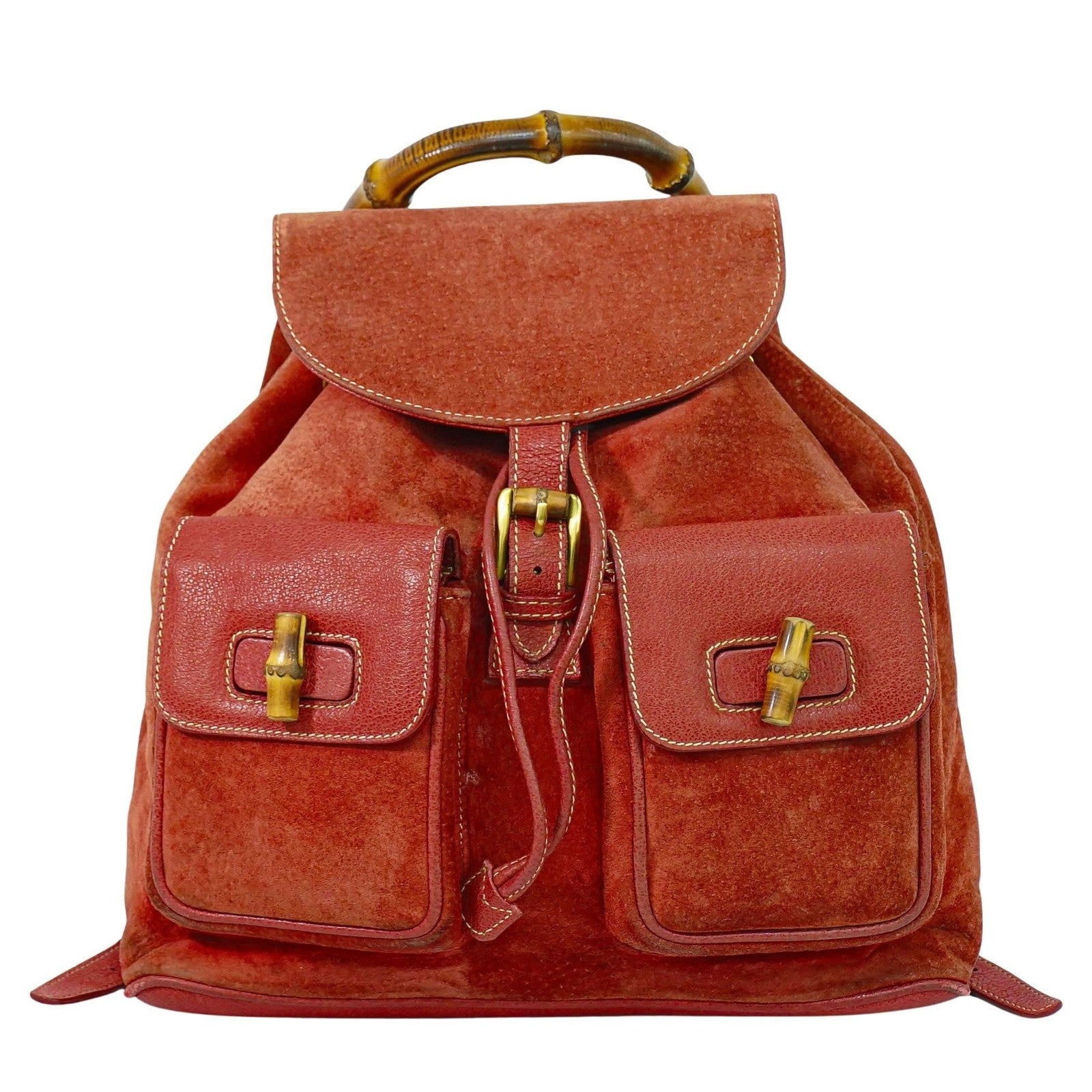 Gucci Vintage Bamboo Backpack Suede Pink Suede Backpack Bag (Authentic Pre-Loved)
