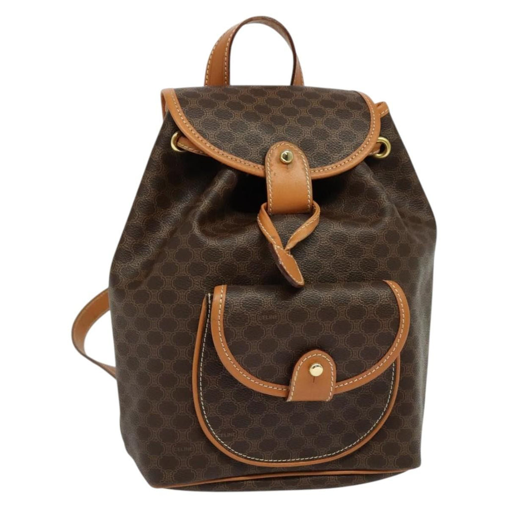 Celine Vintage Macadam Backpack Canvas And Leather Brown Pvc Backpack Bag (Authentic Pre-Loved)