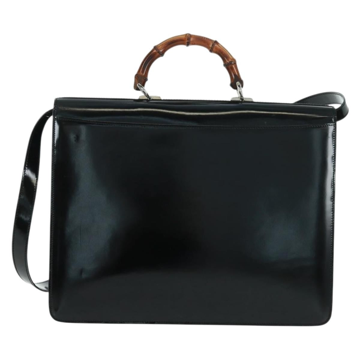 Gucci Vintage Bamboo Handle Bag Patent Leather Black Patent_Leather Handbag (Authentic Pre-Loved)