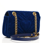 Gucci Velvet Matelasse Small GG Marmont Shoulder Bag Cobalt Blue Gold Handbag NEW