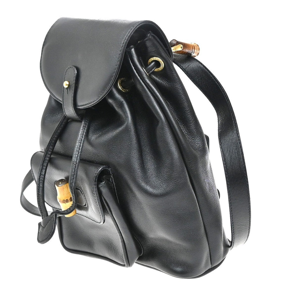 Gucci Vintage Bamboo Backpack Leather Black Leather Backpack Bag (Authentic Pre-Loved)