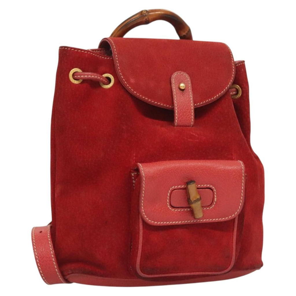 Gucci Vintage Bamboo Backpack Suede Red Suede Backpack Bag (Authentic Pre-Loved)