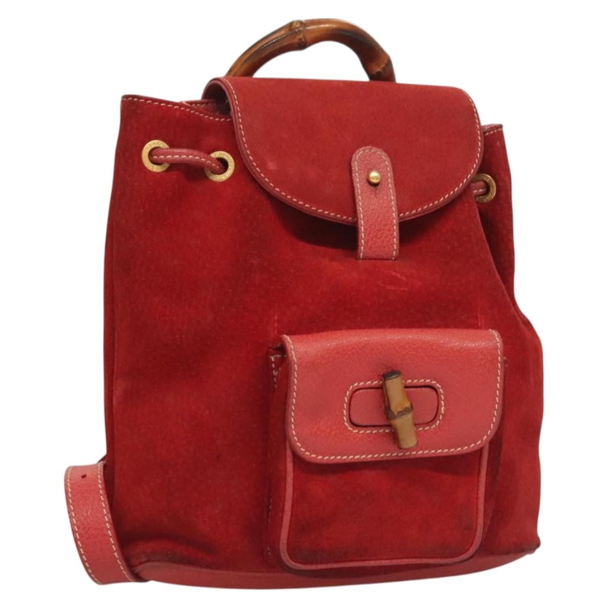 Gucci Vintage Bamboo Backpack Suede Red Suede Backpack Bag (Authentic Pre-Loved)