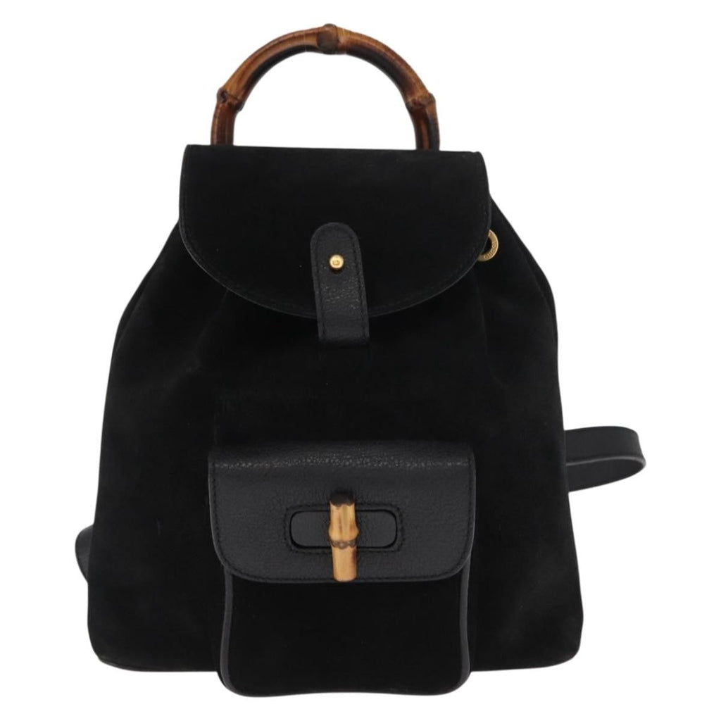 Gucci Vintage Bamboo Backpack Suede Black Suede Backpack Bag (Authentic Pre-Loved)