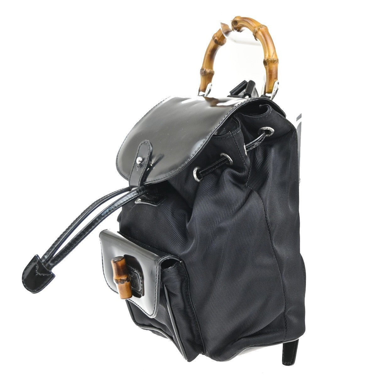Gucci Vintage Bamboo Backpack Nylon And Patent Leather Black Nylon Backpack Bag (Authentic Pre-Loved)