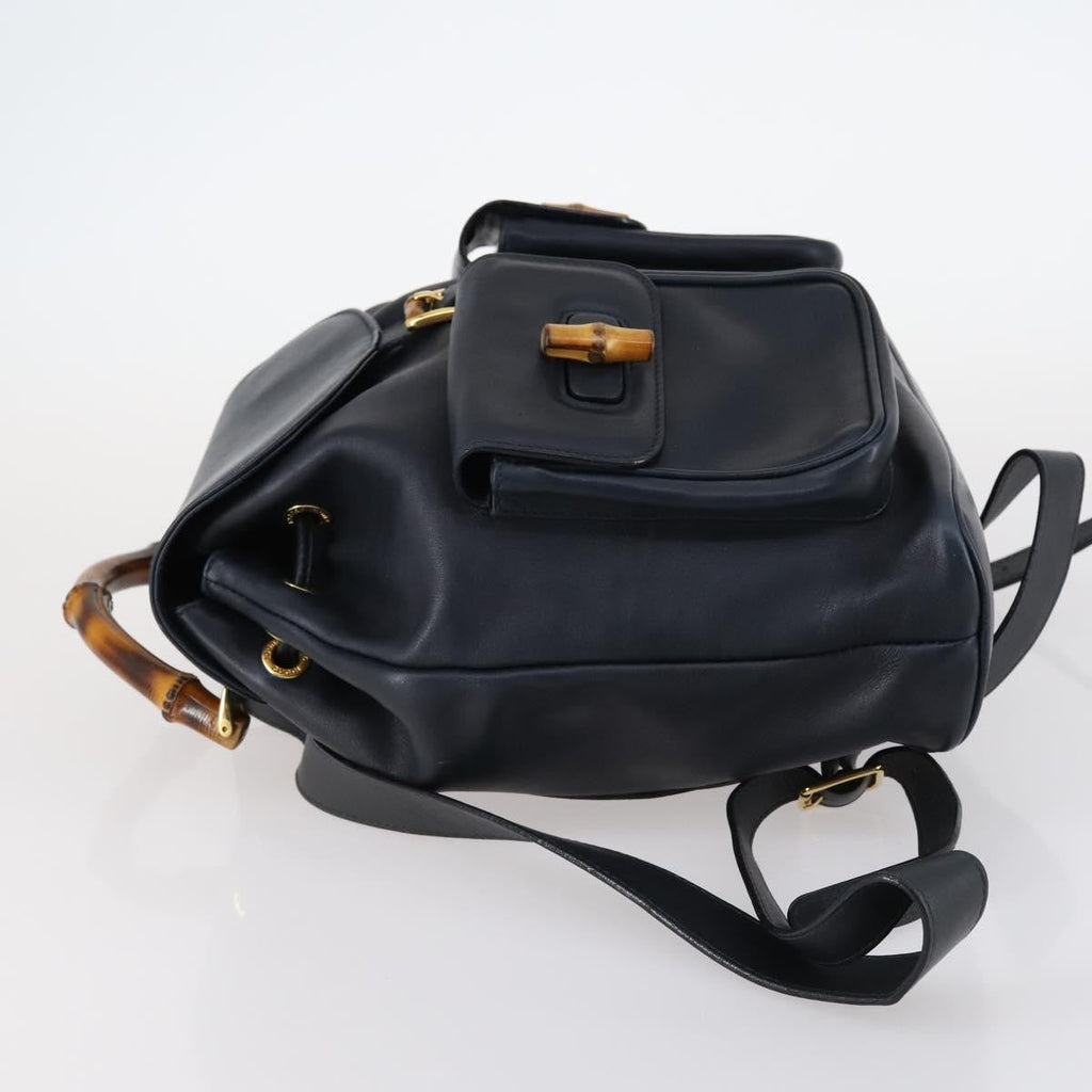 Gucci Vintage Bamboo Backpack Leather Navy Leather Backpack Bag (Authentic Pre-Loved)