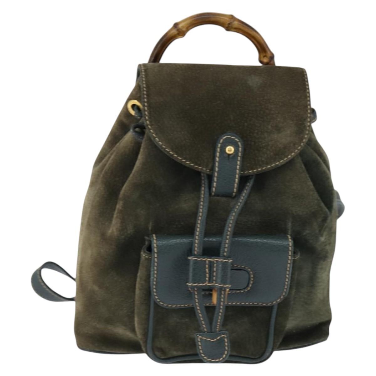 Gucci Vintage Bamboo Backpack Suede Khaki Suede Backpack Bag (Authentic Pre-Loved)