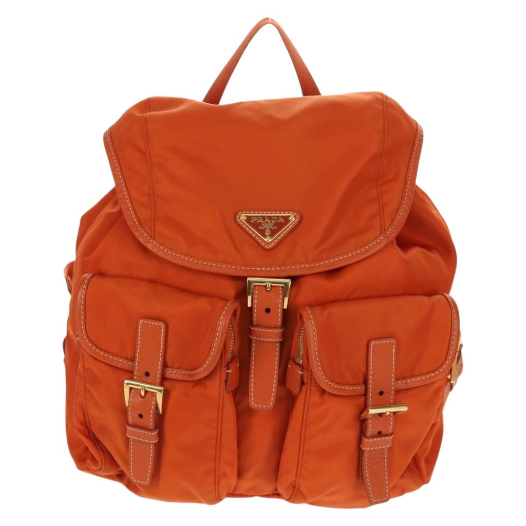Prada Vela Double Front Pocket Backpack Tessuto With Saffiano Leather Orange Nylon Backpack Bag (Authentic Pre-Loved)