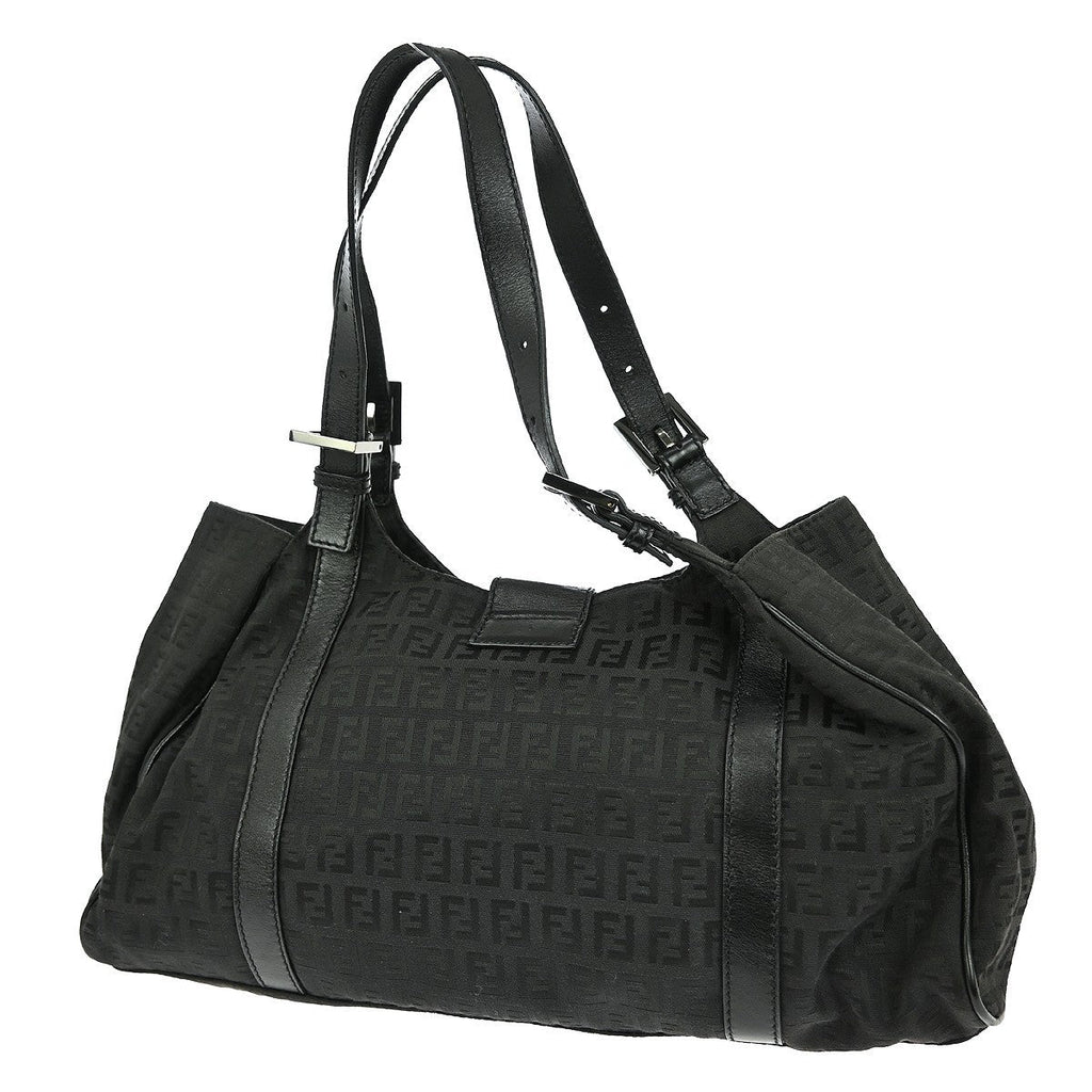 Fendi Belted Shoulder Bag Zucchino Canvas Black Canvas Handbag (Authentic Pre-Loved)