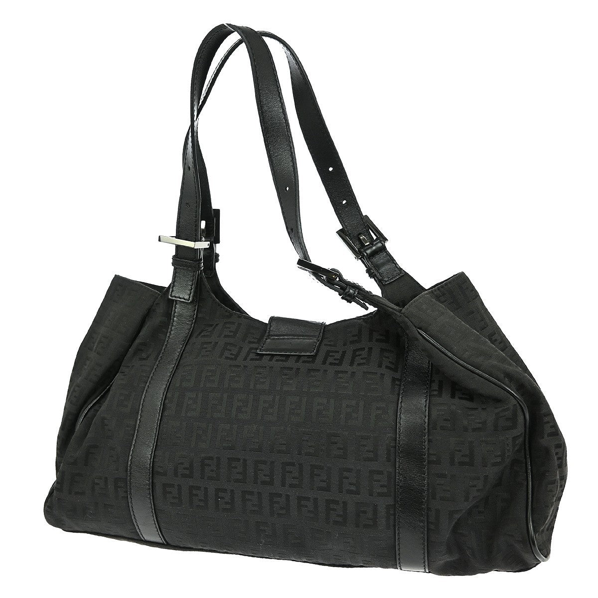 Fendi Belted Shoulder Bag Zucchino Canvas Black Canvas Handbag (Authentic Pre-Loved)