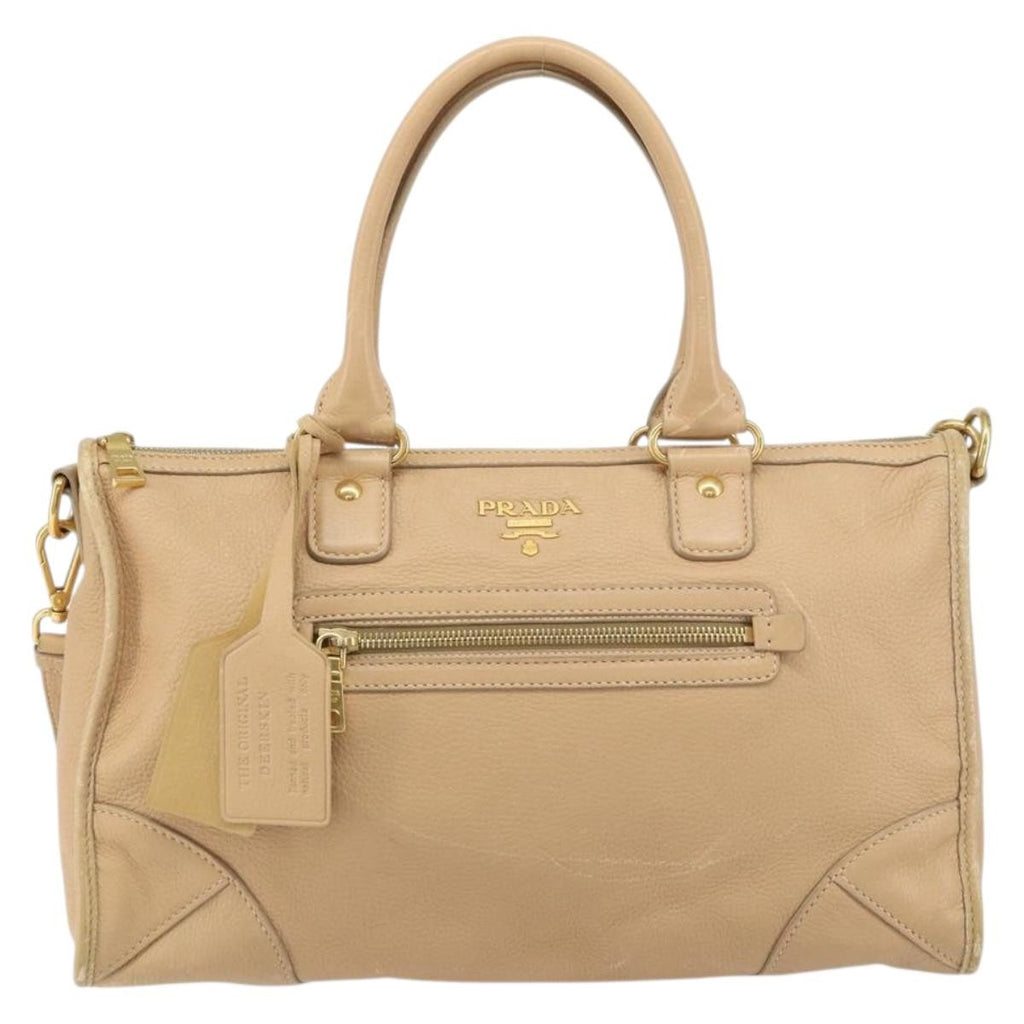 Prada Front Zip Convertible Satchel Cervo Leather Beige Leather Handbag (Authentic Pre-Loved)