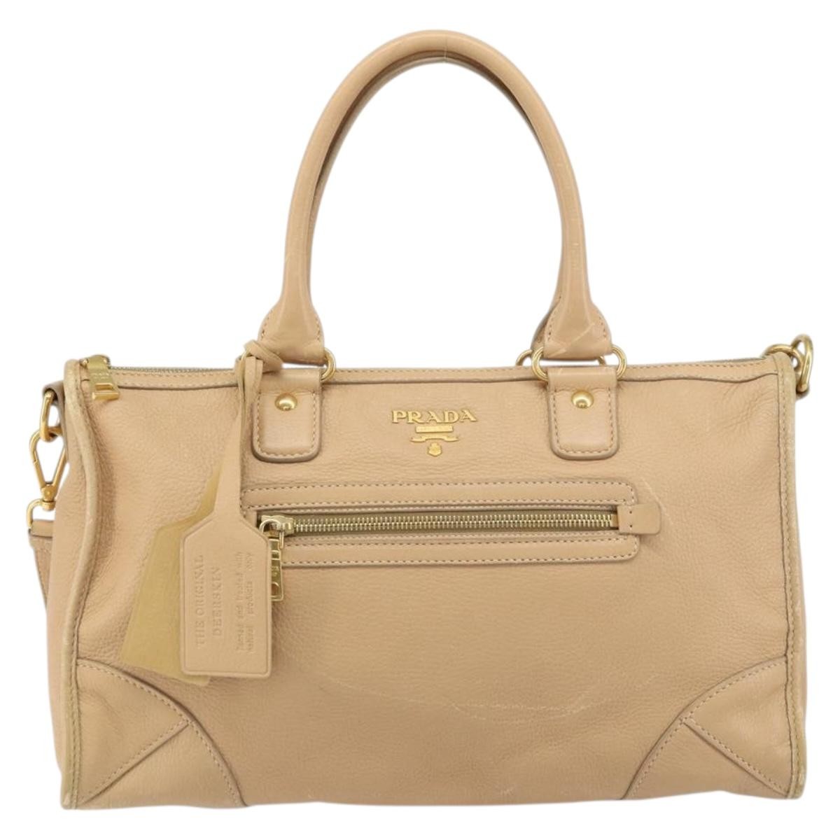 Prada Front Zip Convertible Satchel Cervo Leather Beige Leather Handbag (Authentic Pre-Loved)