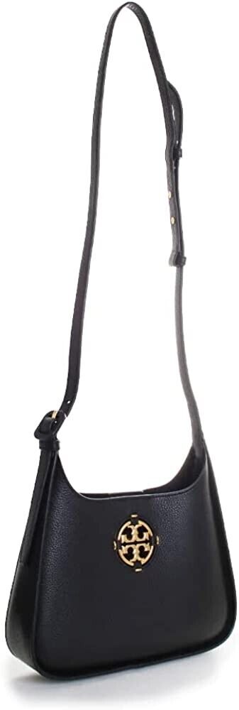 Tory Burch Miller Small Hobo Bag Leather Black Gold Shoulder Handbag Purse NEW