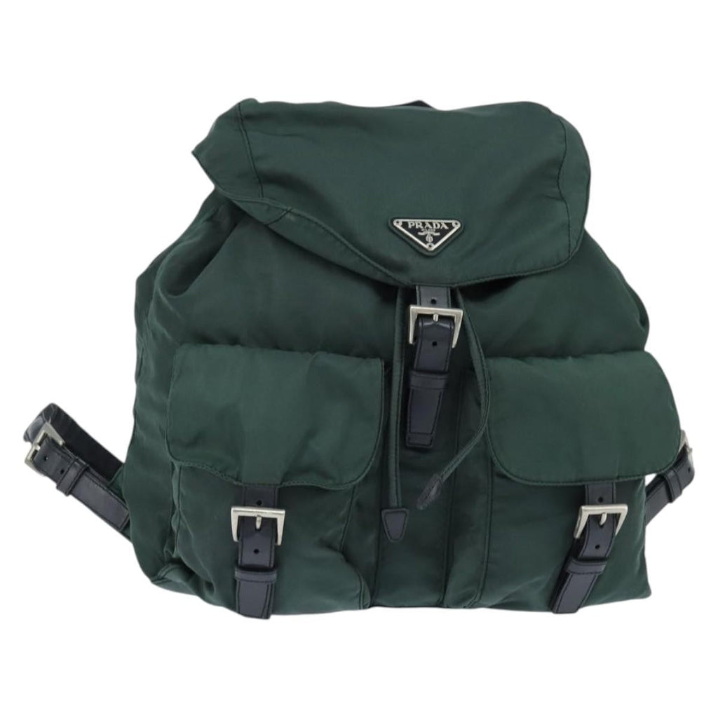 Prada Vela Double Front Pocket Backpack Tessuto With Saffiano Leather Khaki Nylon Backpack Bag (Authentic Pre-Loved)