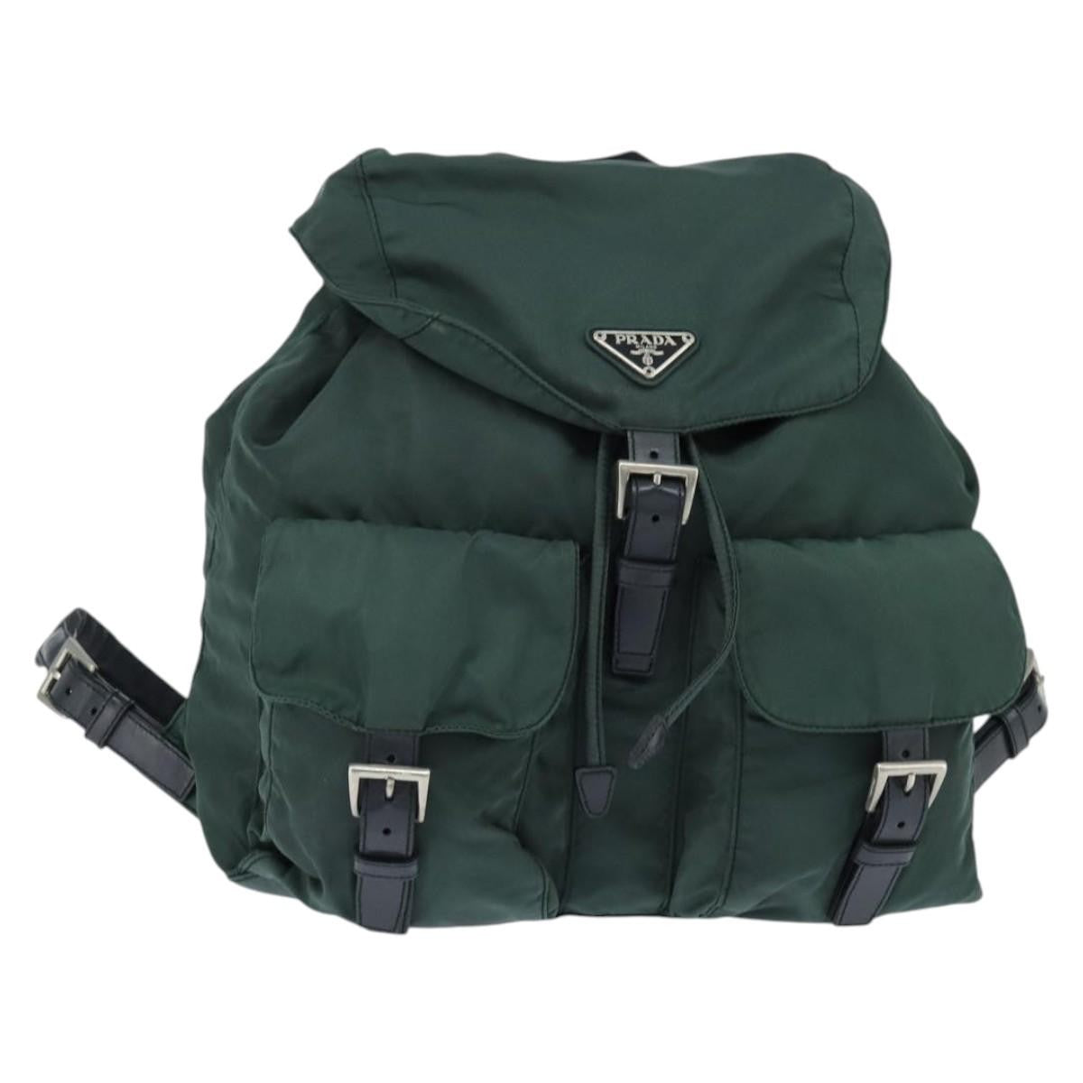 Prada Vela Double Front Pocket Backpack Tessuto With Saffiano Leather Khaki Nylon Backpack Bag (Authentic Pre-Loved)
