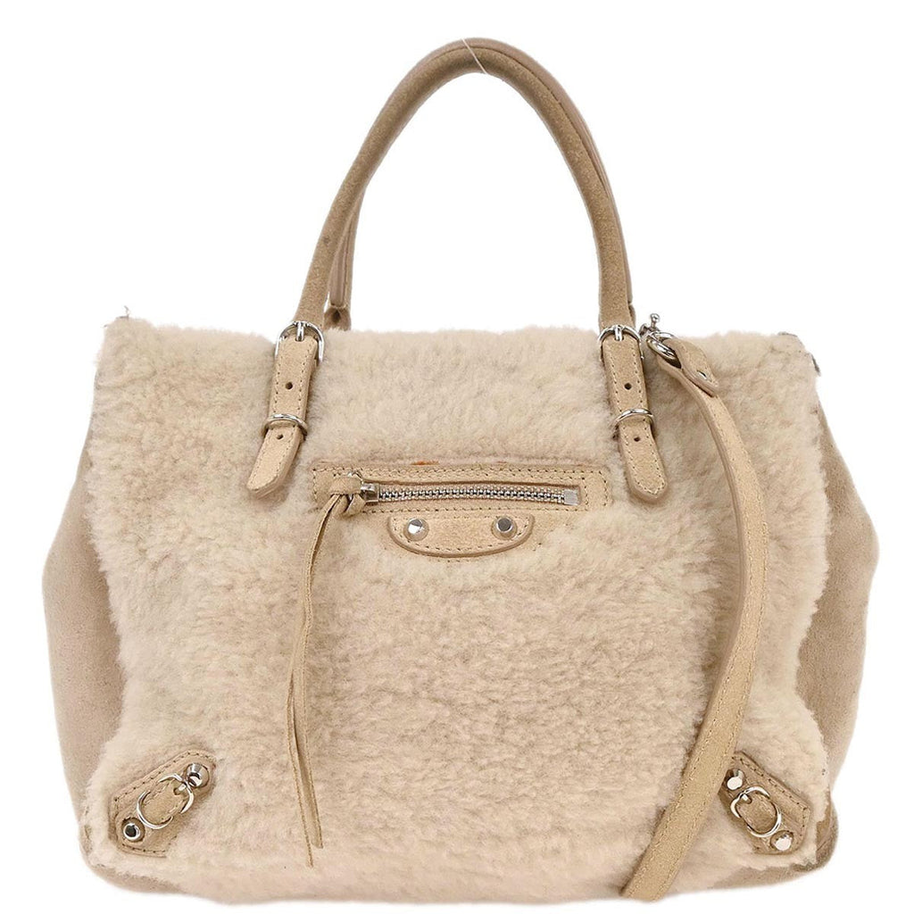 Balenciaga Papier B4 Zip Around Classic Studs Bag Shearling Beige Fur Handbag (Authentic Pre-Loved)
