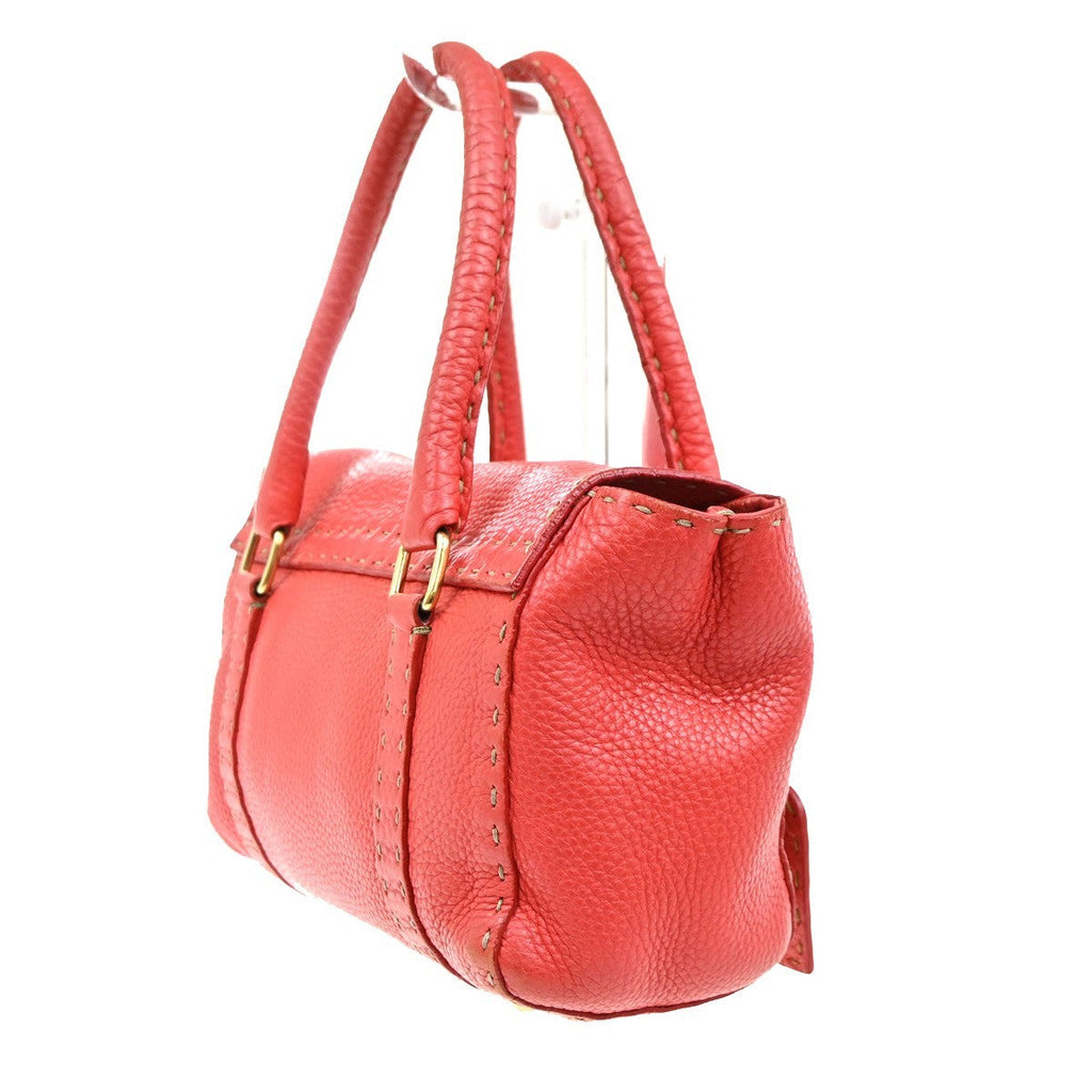 Fendi Selleria Linda Satchel Pebbled Leather Red Leather Handbag (Authentic Pre-Loved)