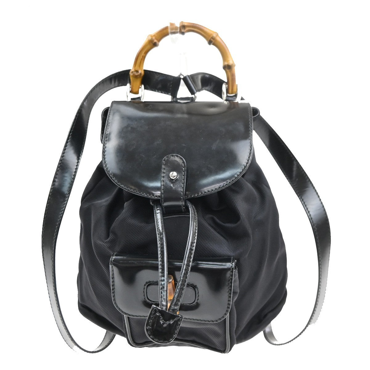 Gucci Vintage Bamboo Backpack Nylon And Patent Leather Black Nylon Backpack Bag (Authentic Pre-Loved)