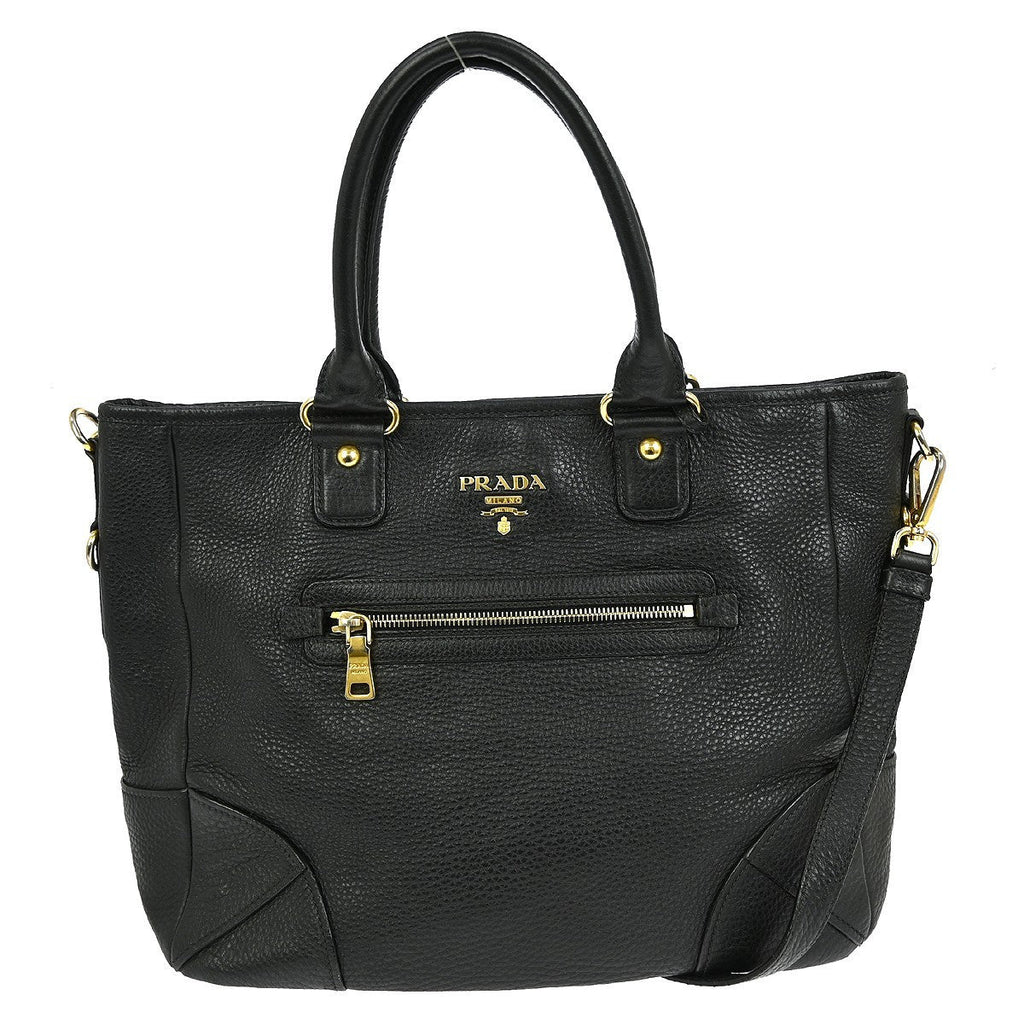 Prada Front Zip Tote Vitello Daino Black Leather Handbag (Authentic Pre-Loved)
