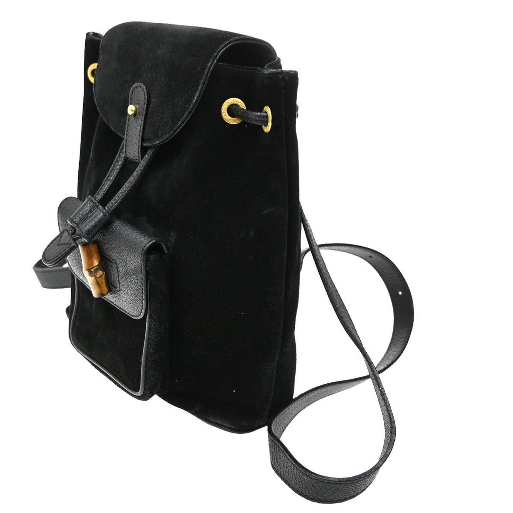 Gucci Vintage Bamboo Backpack Suede Black Suede Backpack Bag (Authentic Pre-Loved)