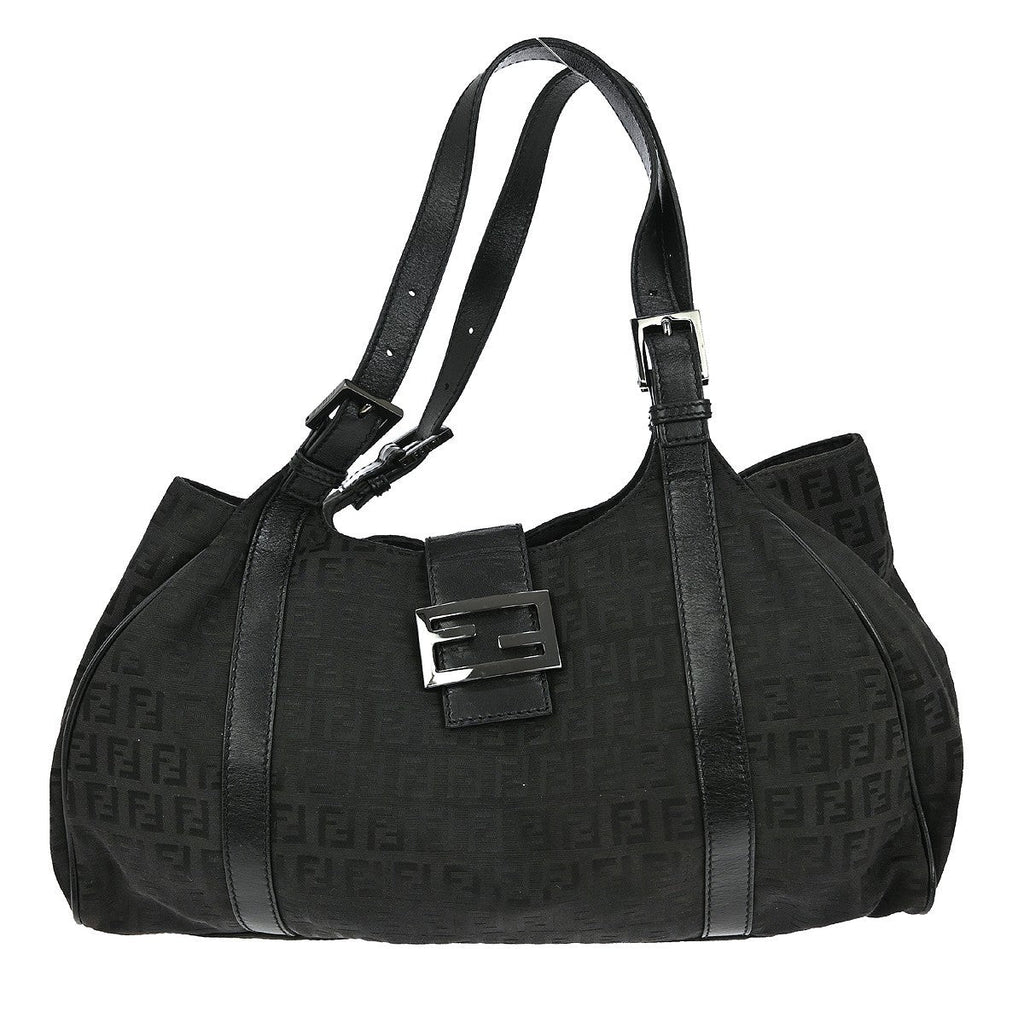 Fendi Belted Shoulder Bag Zucchino Canvas Black Canvas Handbag (Authentic Pre-Loved)
