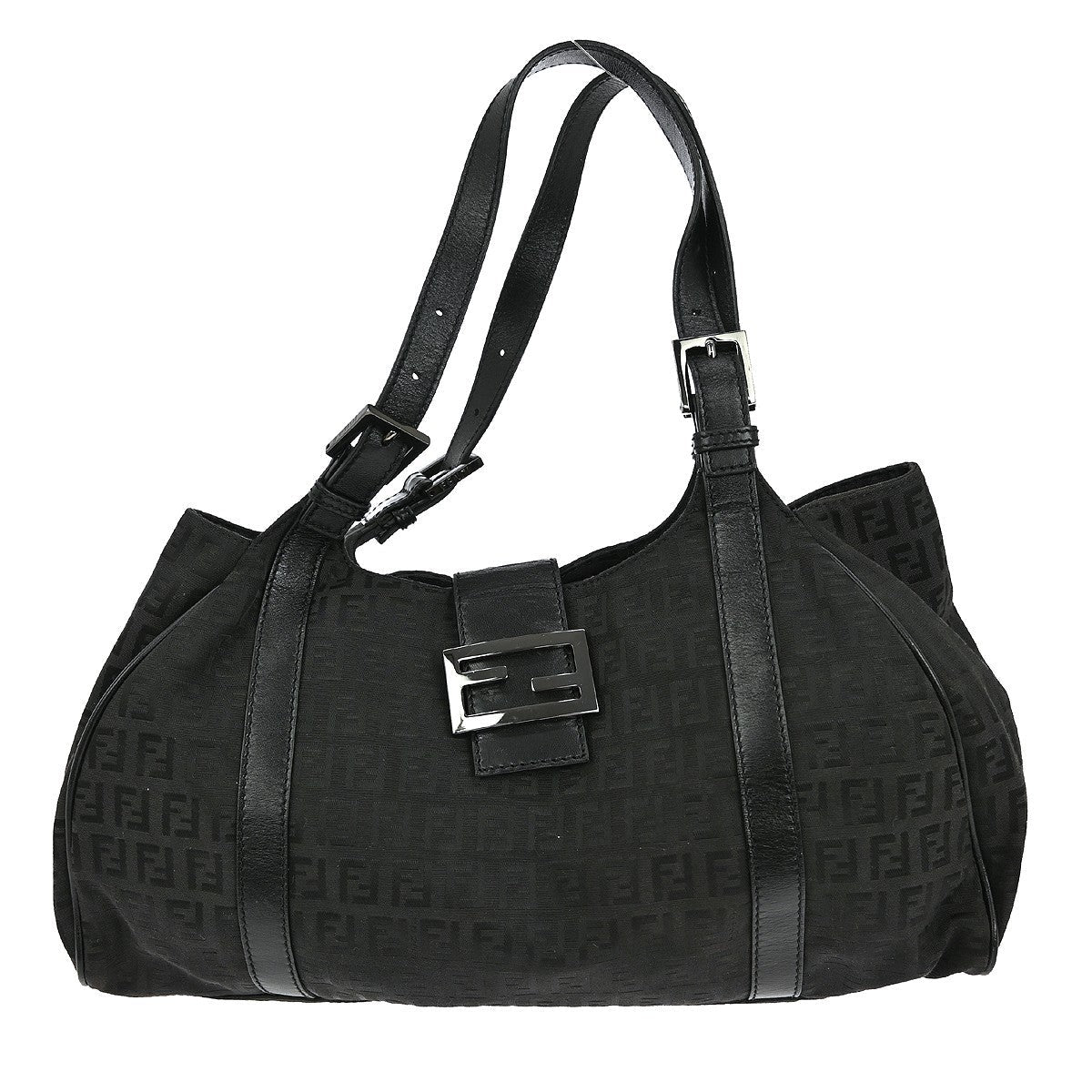 Fendi Belted Shoulder Bag Zucchino Canvas Black Canvas Handbag (Authentic Pre-Loved)