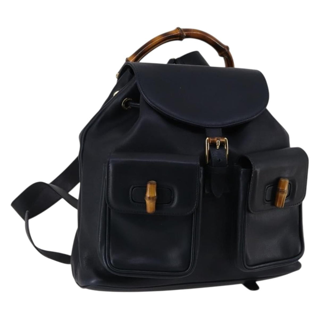 Gucci Vintage Bamboo Backpack Leather Navy Leather Backpack Bag (Authentic Pre-Loved)