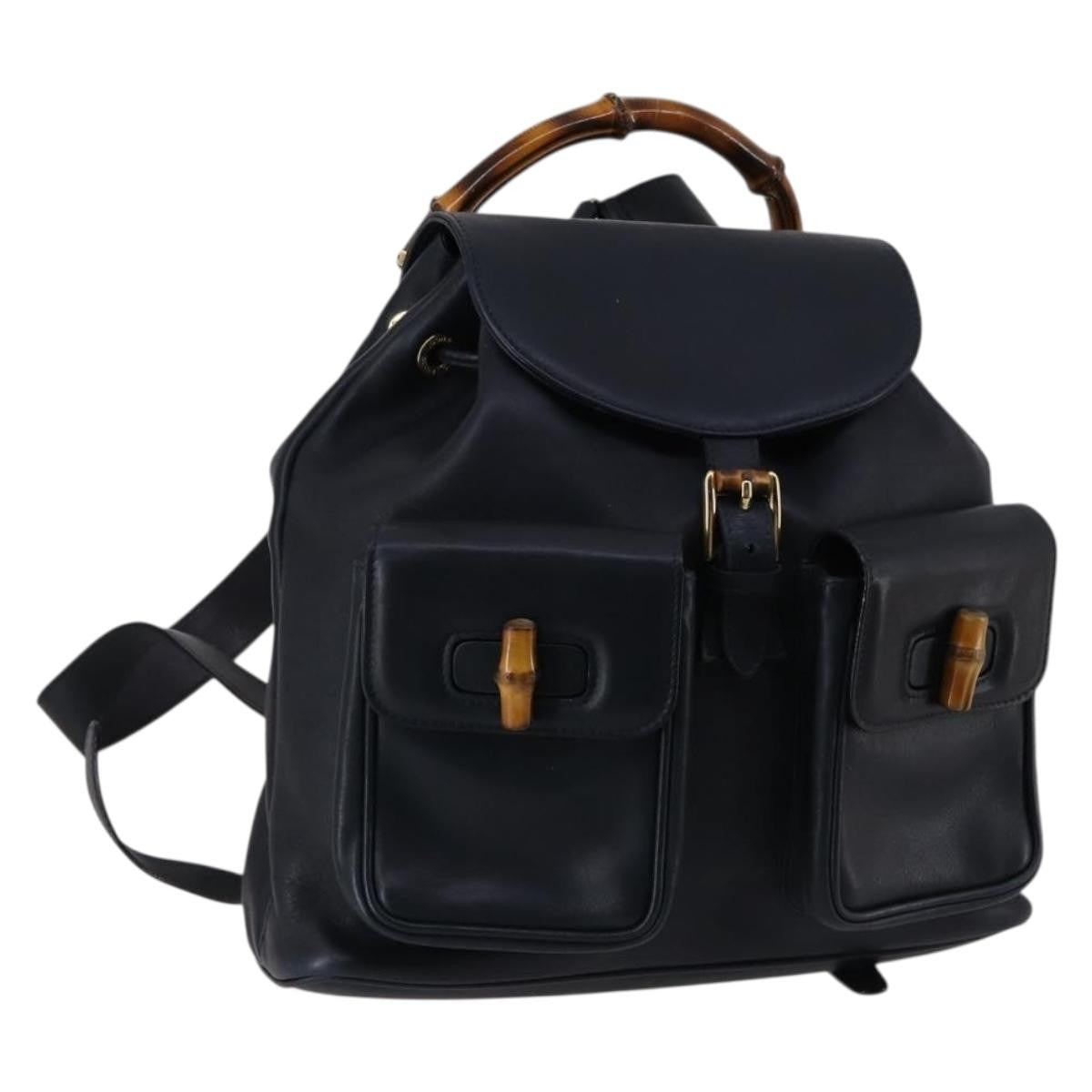 Gucci Vintage Bamboo Backpack Leather Navy Leather Backpack Bag (Authentic Pre-Loved)