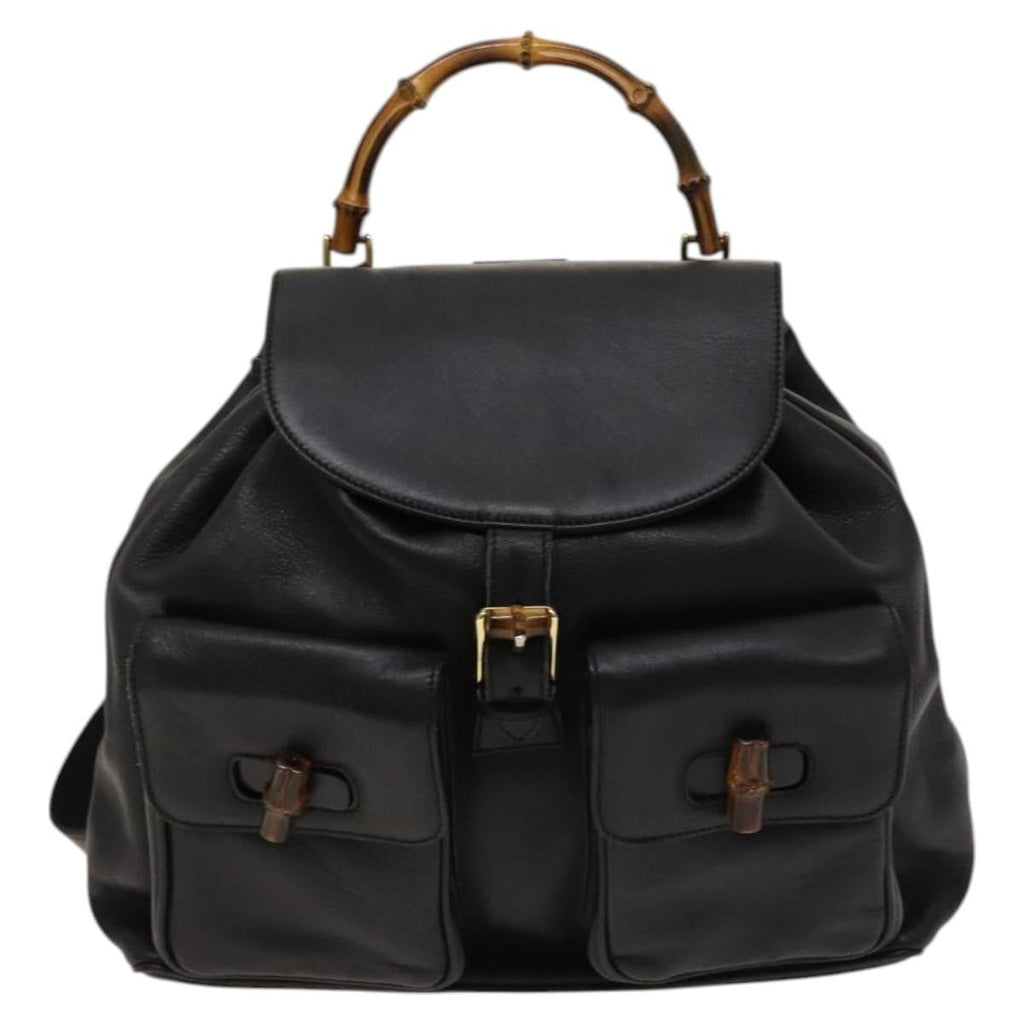 Gucci Vintage Bamboo Backpack Leather Black Leather Backpack Bag (Authentic Pre-Loved)