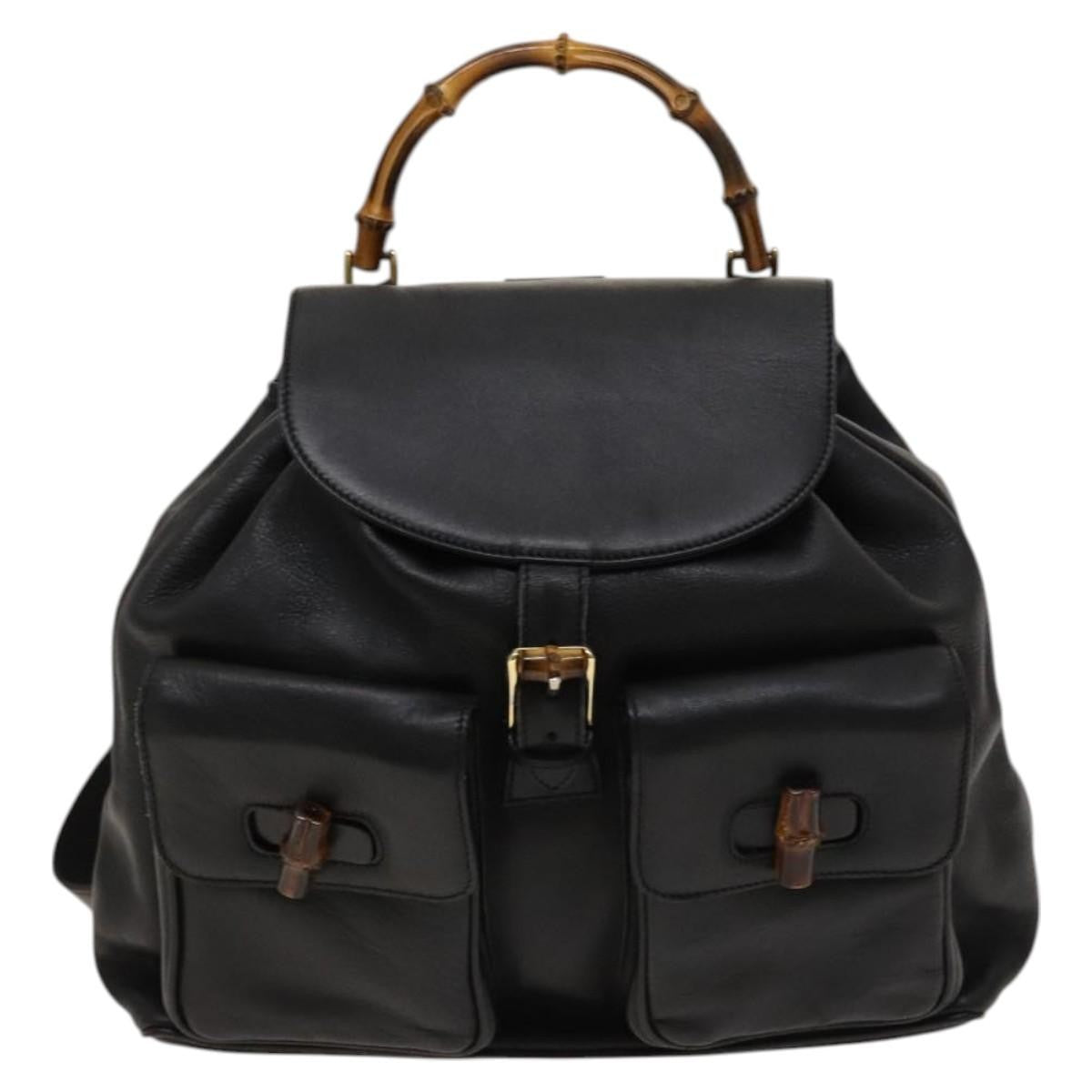 Gucci Vintage Bamboo Backpack Leather Black Leather Backpack Bag (Authentic Pre-Loved)
