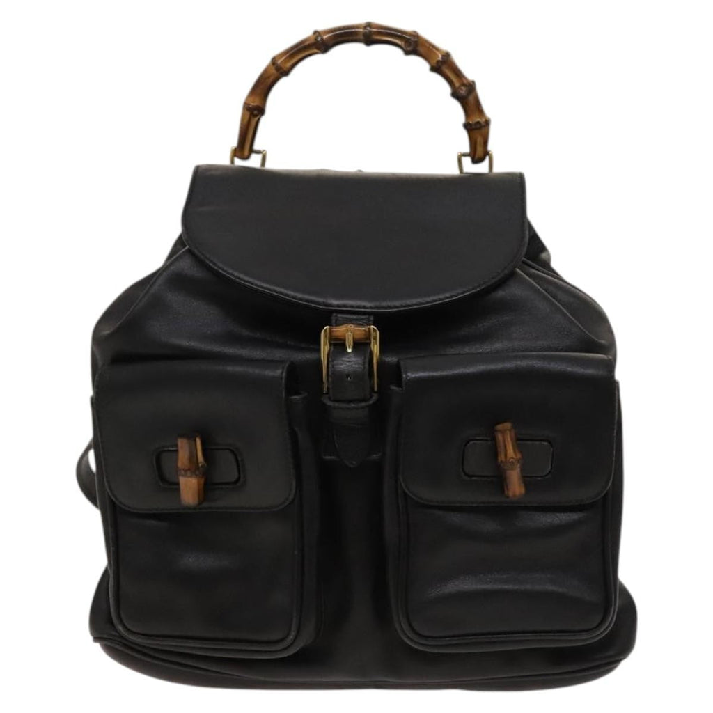Gucci Vintage Bamboo Backpack Leather Black Leather Backpack Bag (Authentic Pre-Loved)
