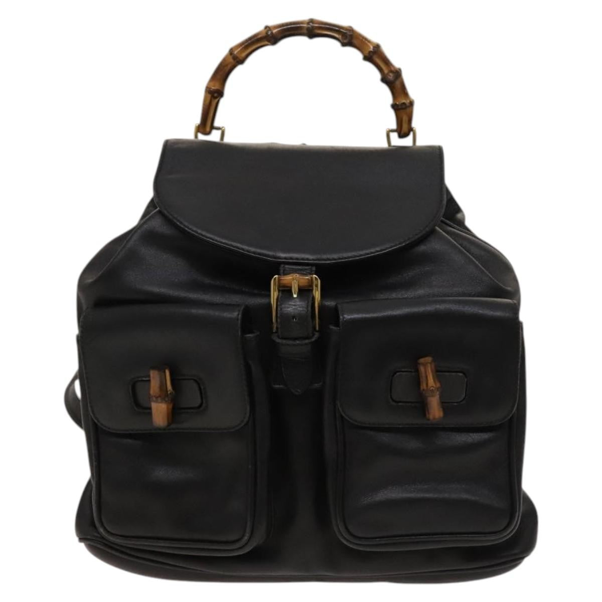 Gucci Vintage Bamboo Backpack Leather Black Leather Backpack Bag (Authentic Pre-Loved)