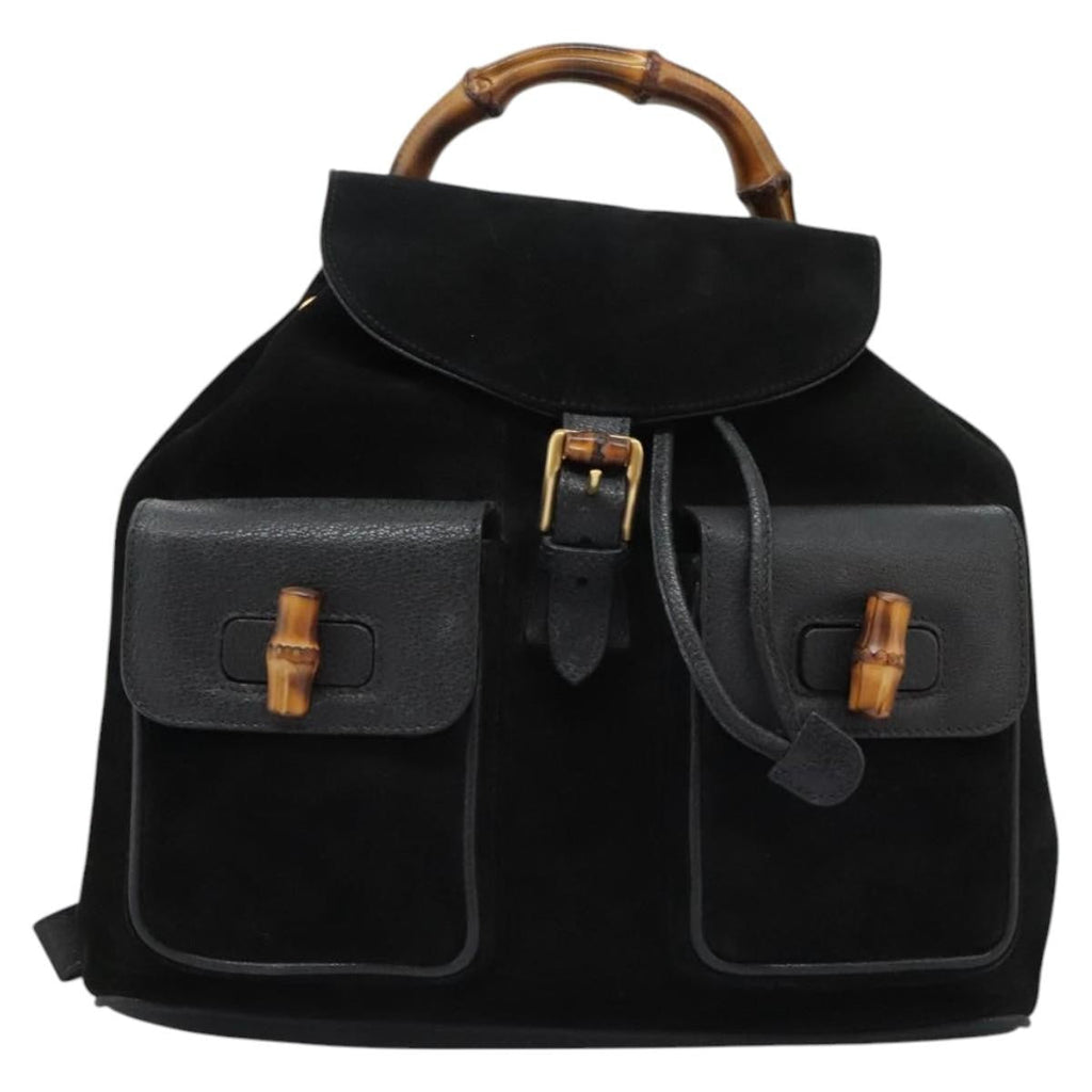 Gucci Vintage Bamboo Backpack Suede And Leather Black Suede Backpack Bag (Authentic Pre-Loved)