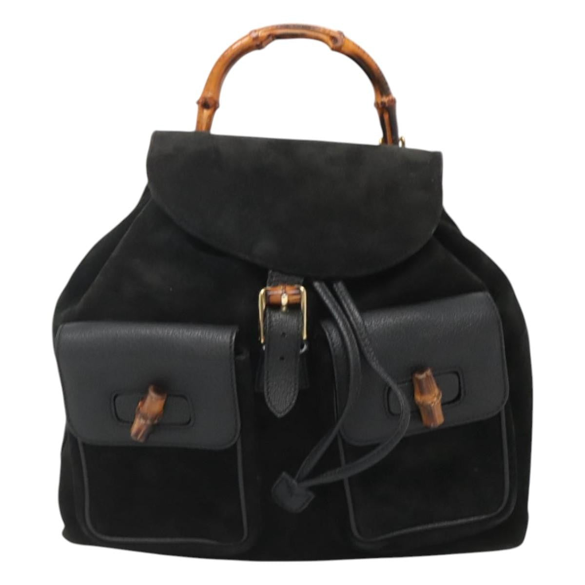 Gucci Vintage Bamboo Backpack Suede And Leather Black Suede Backpack Bag (Authentic Pre-Loved)