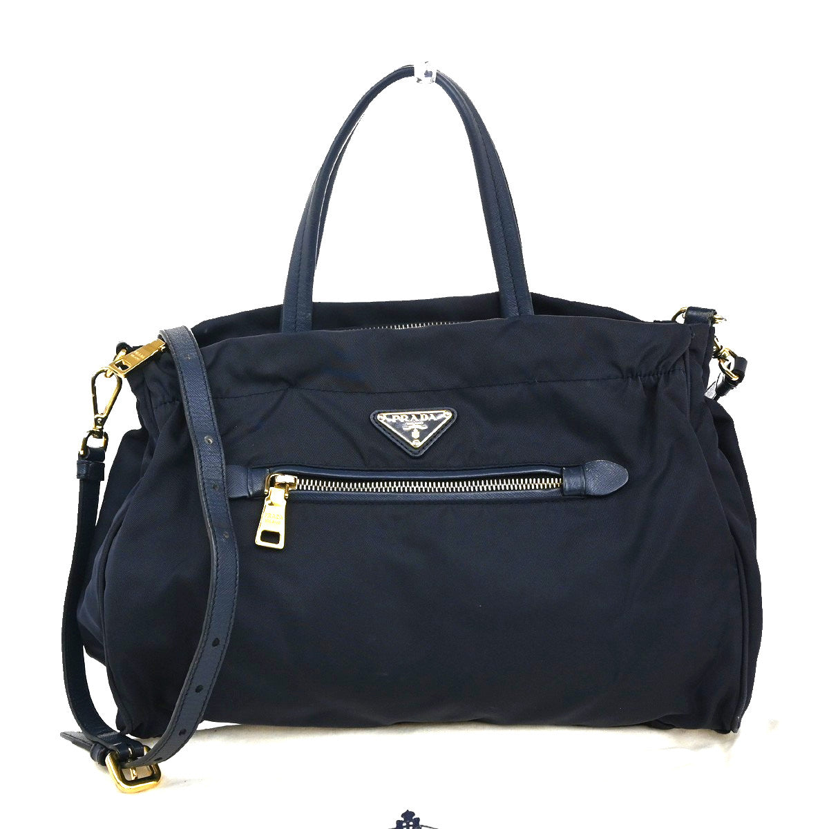 Prada Zip Convertible Shopping Tote Tessuto With Saffiano Leather Navy Nylon Handbag (Authentic Pre-Loved)