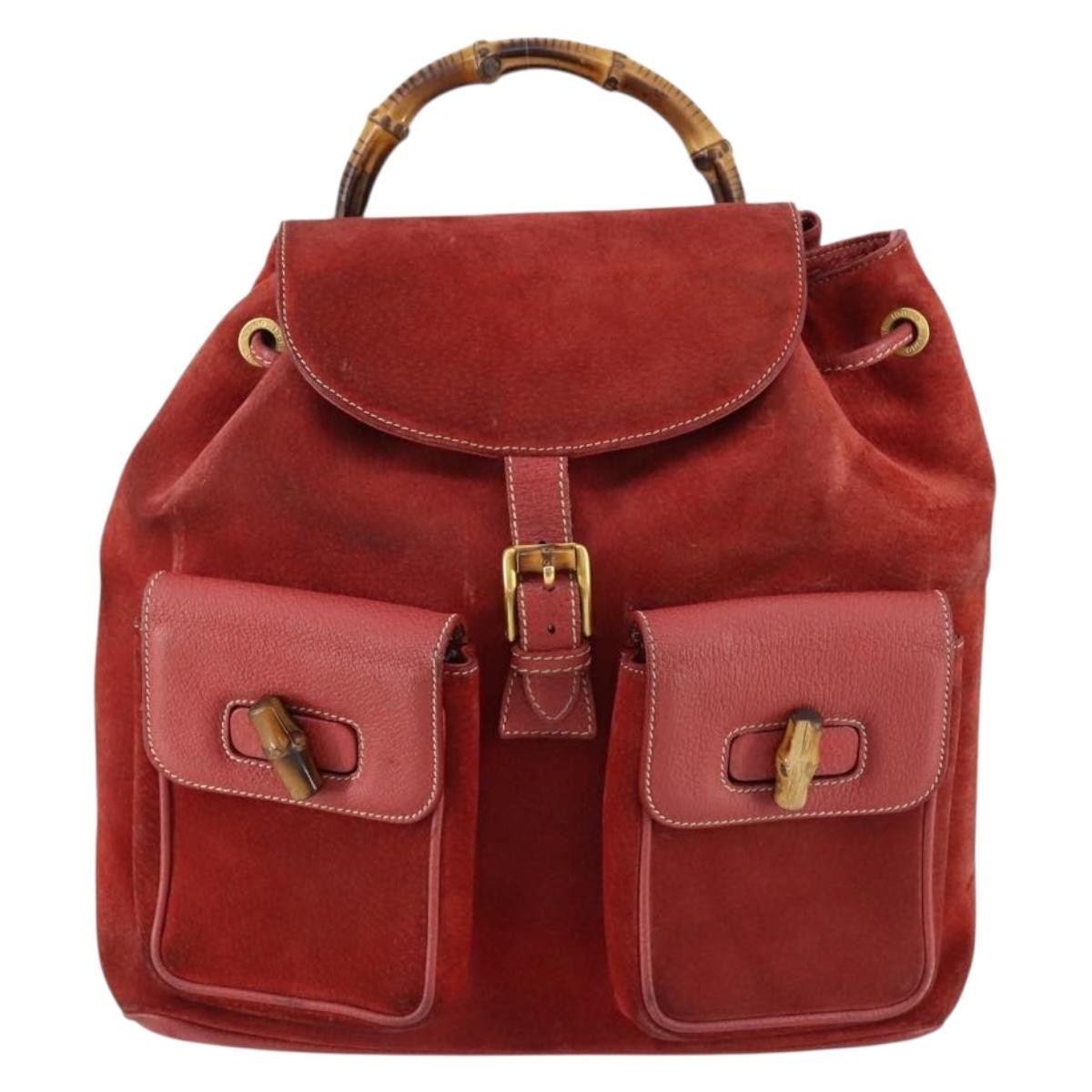Gucci Vintage Bamboo Backpack Suede Red Suede Backpack Bag (Authentic Pre-Loved)