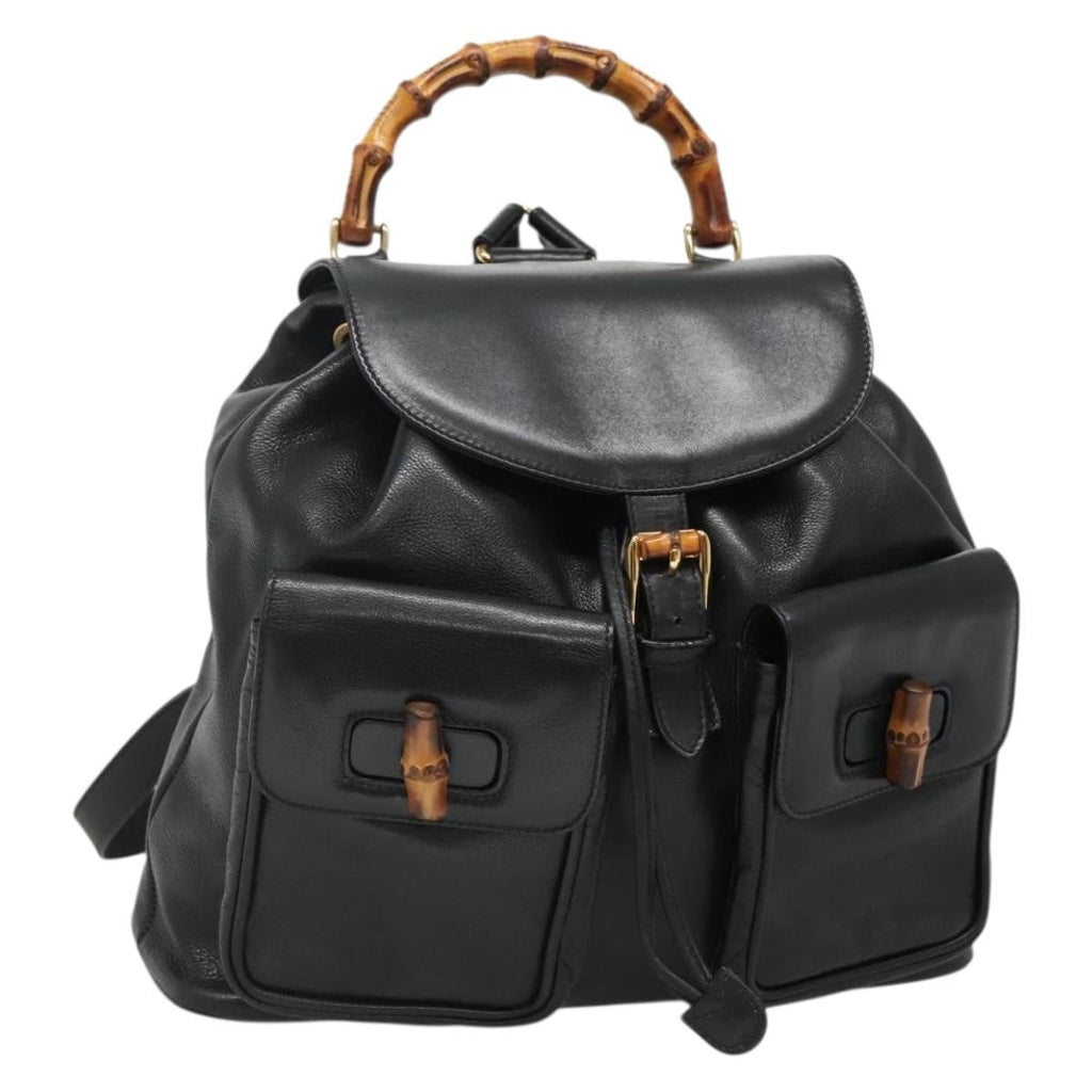 Gucci Vintage Bamboo Backpack Leather Black Leather Backpack Bag (Authentic Pre-Loved)