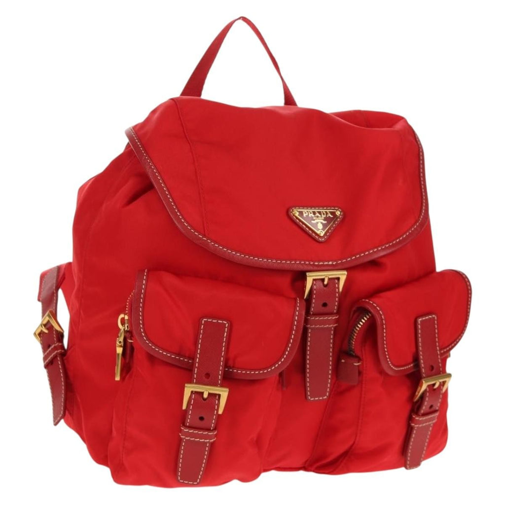 Prada Vela Double Front Pocket Backpack Tessuto With Saffiano Leather Red Nylon Backpack Bag (Authentic Pre-Loved)