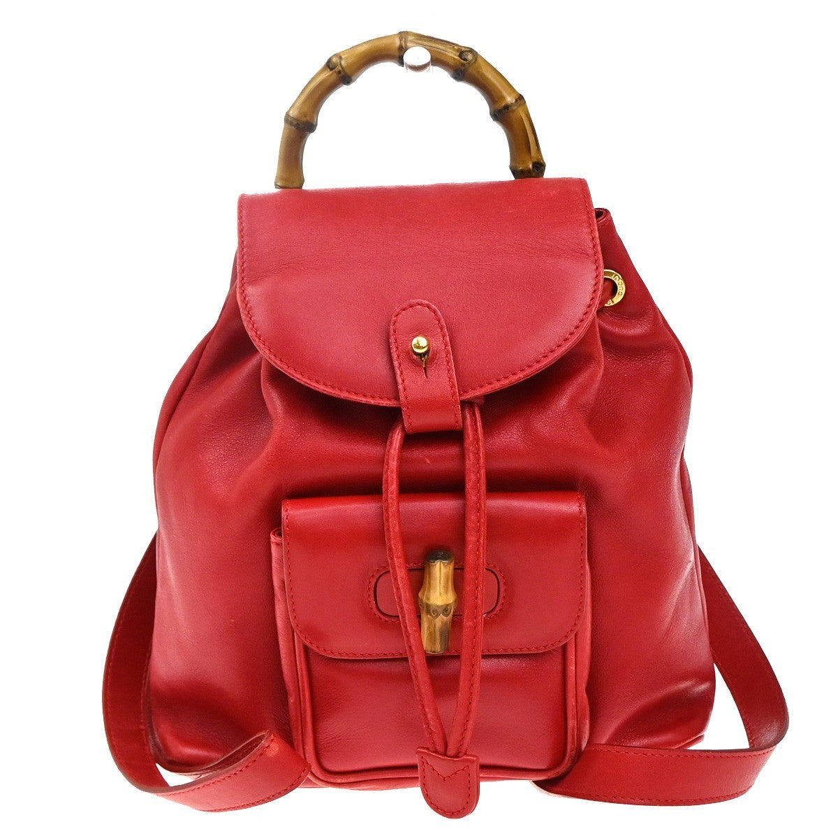 Gucci Vintage Bamboo Backpack Leather Red Leather Backpack Bag (Authentic Pre-Loved)