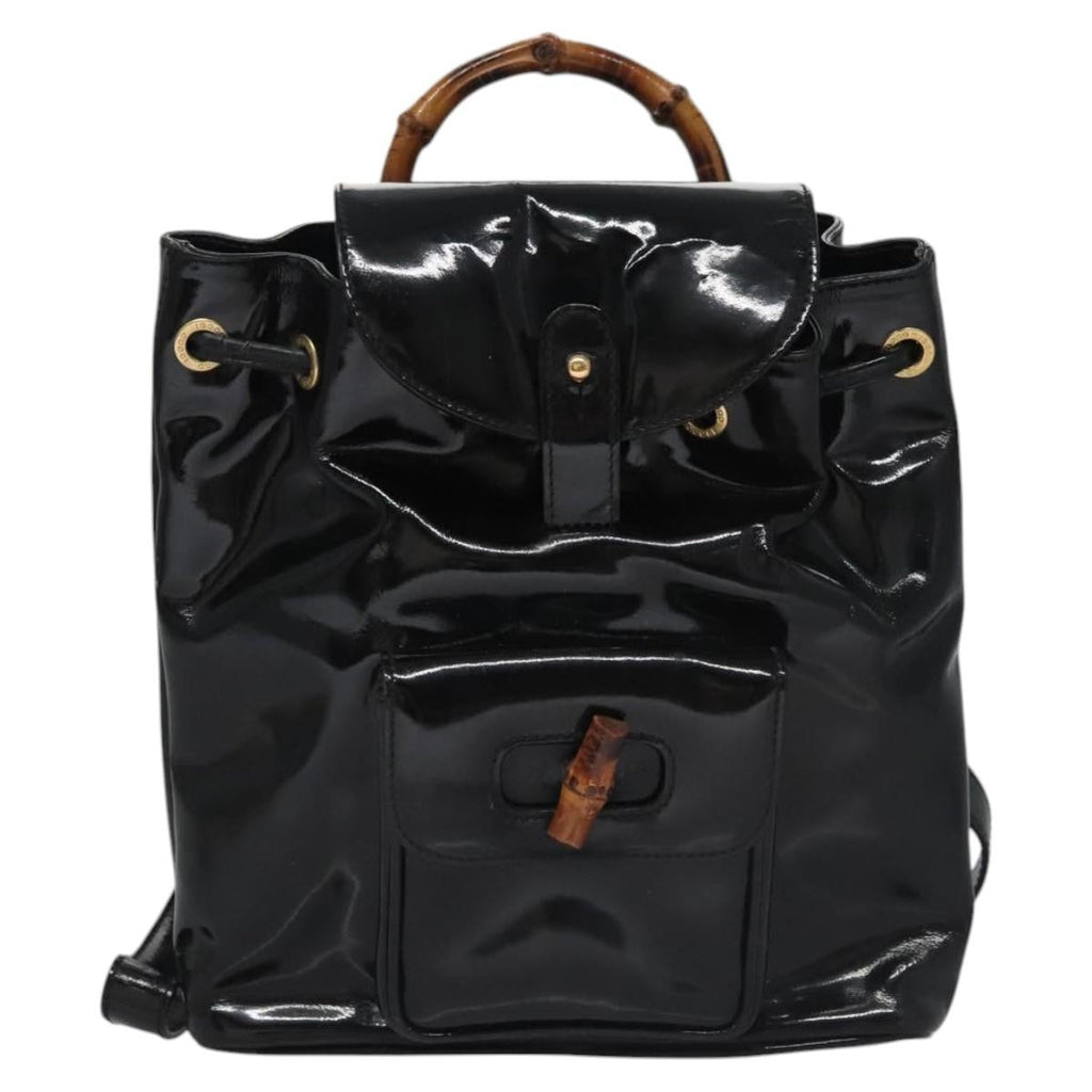 Gucci Vintage Bamboo Backpack Patent Black Patent_Leather Backpack Bag (Authentic Pre-Loved)