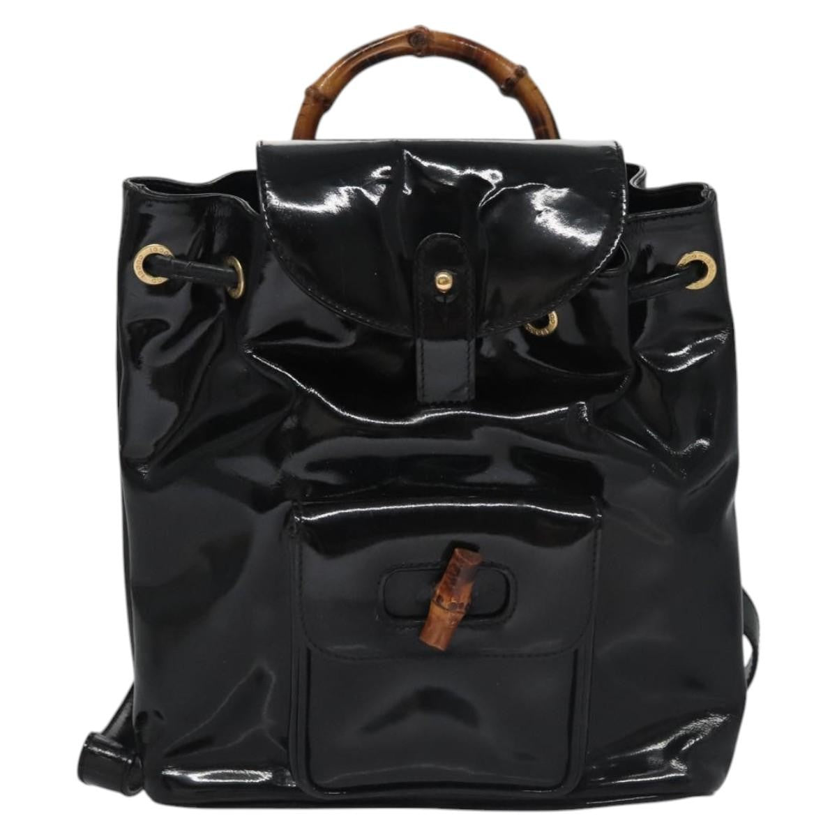 Gucci Vintage Bamboo Backpack Patent Black Patent_Leather Backpack Bag (Authentic Pre-Loved)
