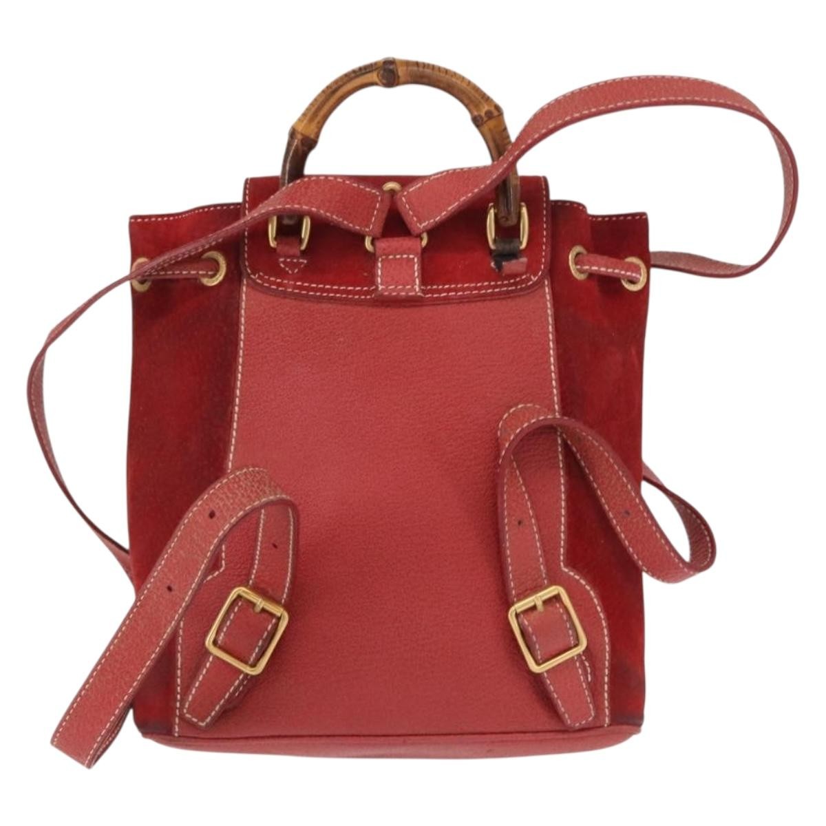 Gucci Vintage Bamboo Backpack Leather Red Leather Backpack Bag (Authentic Pre-Loved)