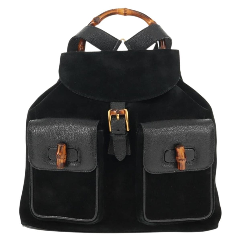 Gucci Vintage Bamboo Backpack Suede Black Suede Backpack Bag (Authentic Pre-Loved)