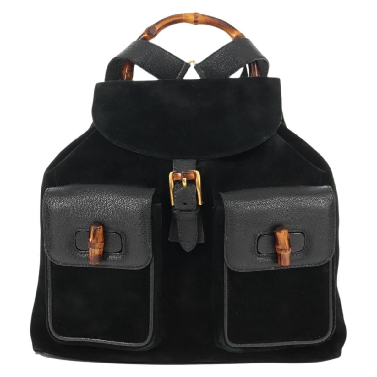 Gucci Vintage Bamboo Backpack Suede Black Suede Backpack Bag (Authentic Pre-Loved)