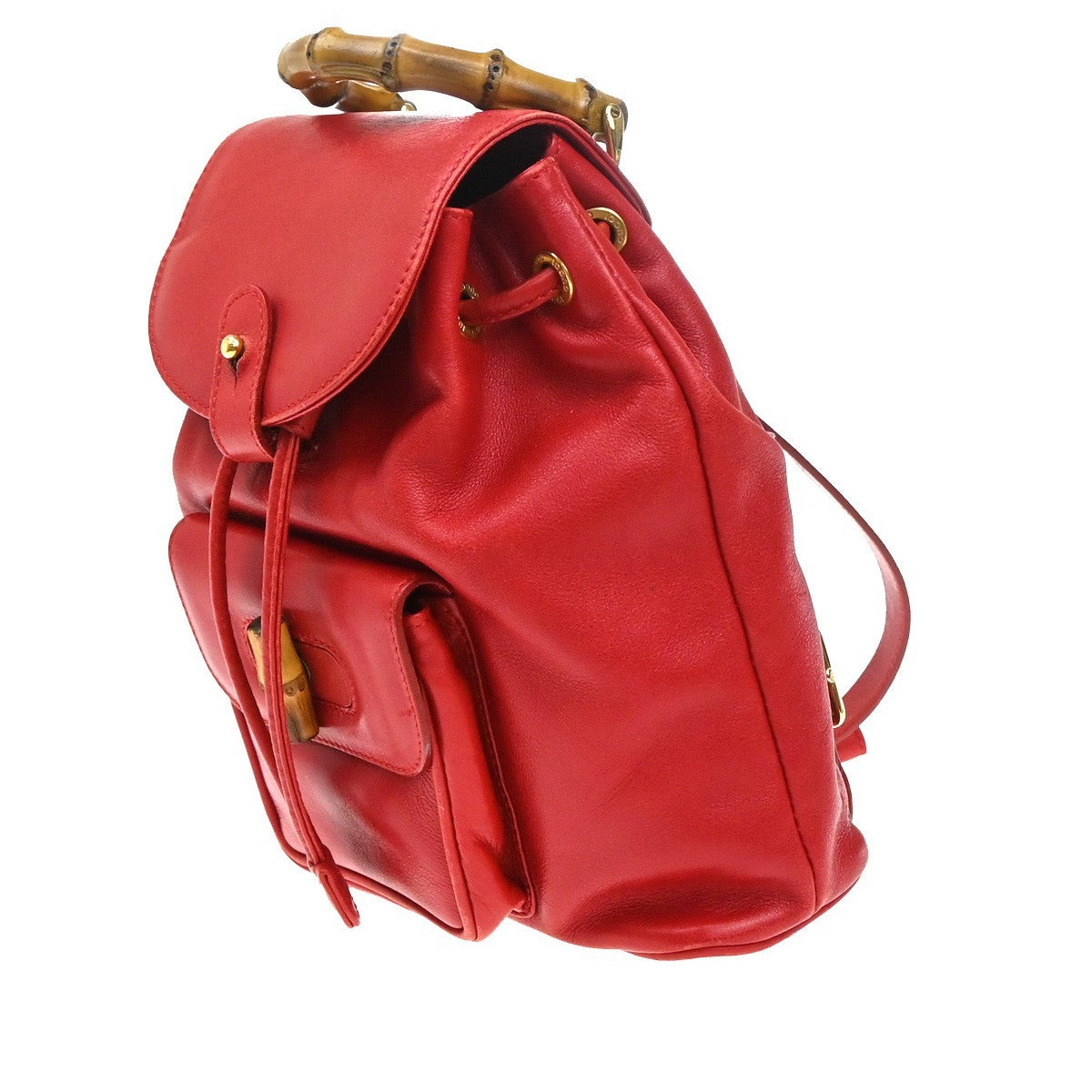 Gucci Vintage Bamboo Backpack Leather Red Leather Backpack Bag (Authentic Pre-Loved)
