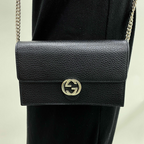Gucci GG Black Crossbody Handbag Calf Leather Gold Chain Purse Bag Italy NEW