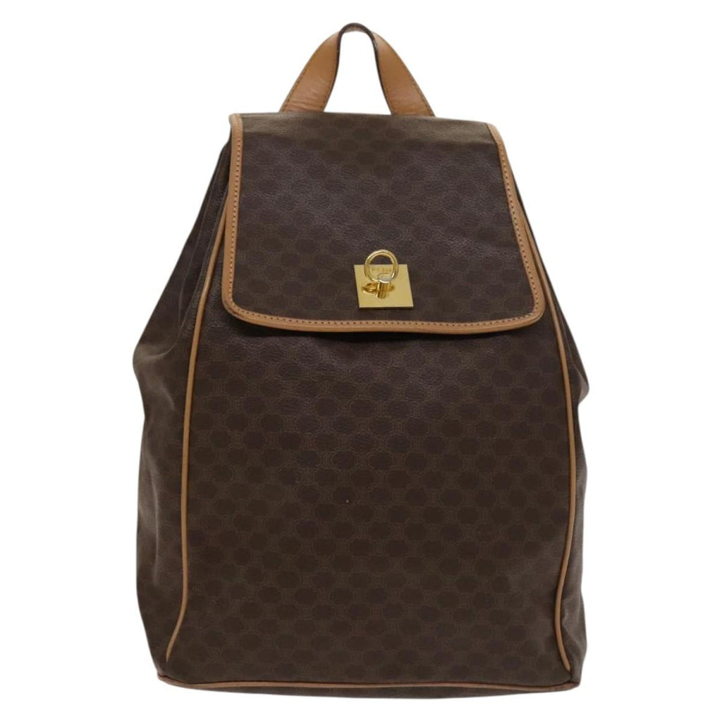 Celine Vintage Drawstring Flap Backpack Macadam Coated Canvas Brown Canvas Backpack Bag (Authentic Pre-Loved)