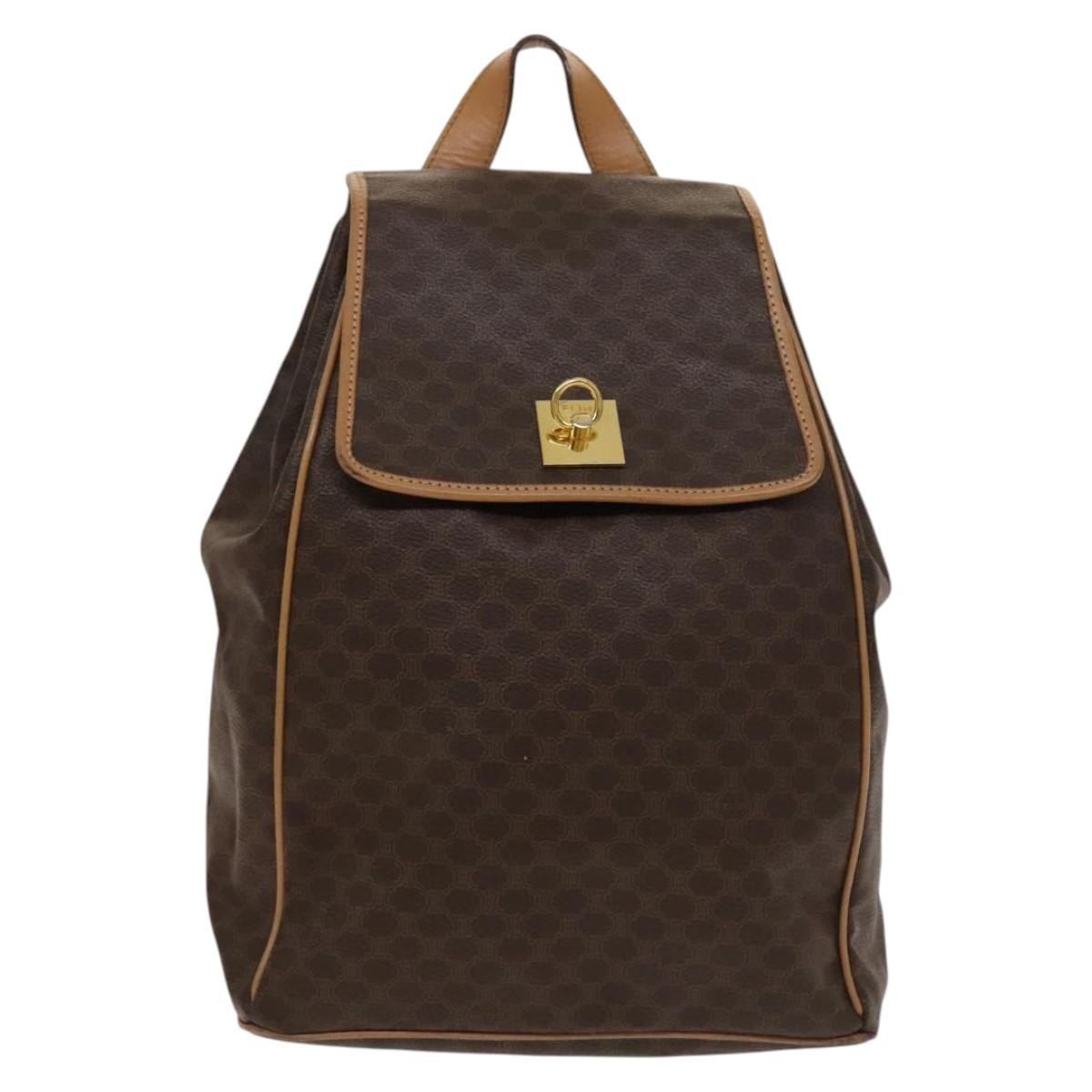 Celine Vintage Drawstring Flap Backpack Macadam Coated Canvas Brown Canvas Backpack Bag (Authentic Pre-Loved)