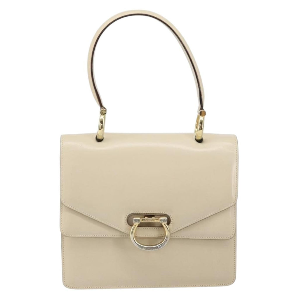 Celine Vintage Top Handle Bag Glazed Leather Ecru Leather Handbag (Authentic Pre-Loved)